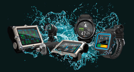 Shearwater Dive Computer Lineup with an ocean water background