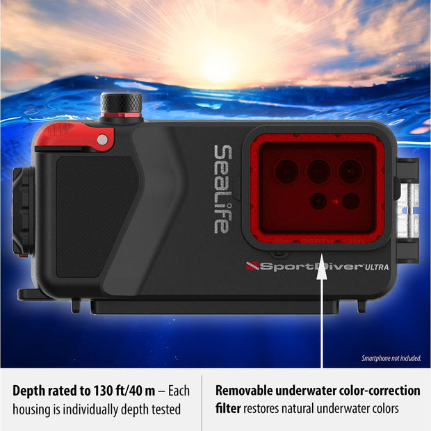 SeaLife SportDiver Ultra Large Smartphone Housing Dive to 130', Waterproof Photography, Access Camera Controls, Leak Alarms, Fits Most Phones (Without Light) Black