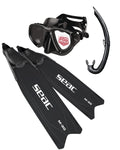 Set TRIS M-30 ANTIFOG S/BL, SEAC Clear AntiFog Mask, Dual Tempered Glass + Jet Freediving Snorkel + M-30 Freediving Fins, for Snorkeling Spearfishing