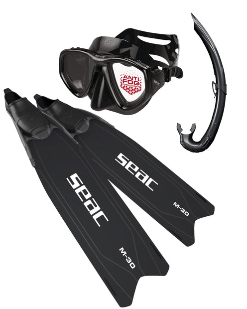 Set TRIS M-30 ANTIFOG S/BL, SEAC Clear AntiFog Mask, Dual Tempered Glass + Jet Freediving Snorkel + M-30 Freediving Fins, for Snorkeling Spearfishing