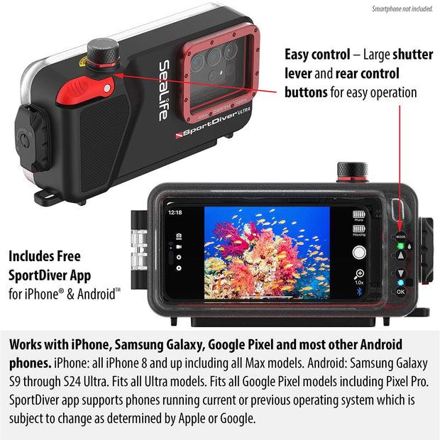 SeaLife SportDiver Ultra Large Smartphone Housing Dive to 130', Waterproof Photography, Access Camera Controls, Leak Alarms, Fits Most Phones (Without Light) Black