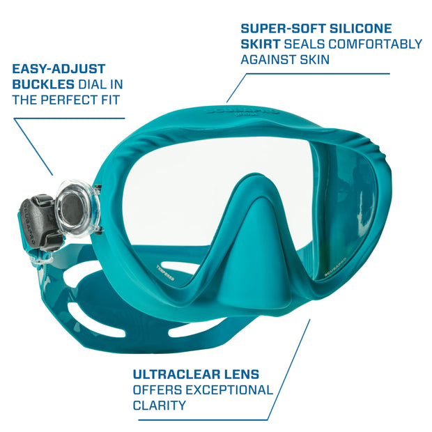 SCUBAPRO Ghost Scuba Dive Mask, Low-Volume Frameless Design w/Ultra Clear Single Lens, Silicone Skirt and Easy-Adjust Strap Buckles, Turquoise