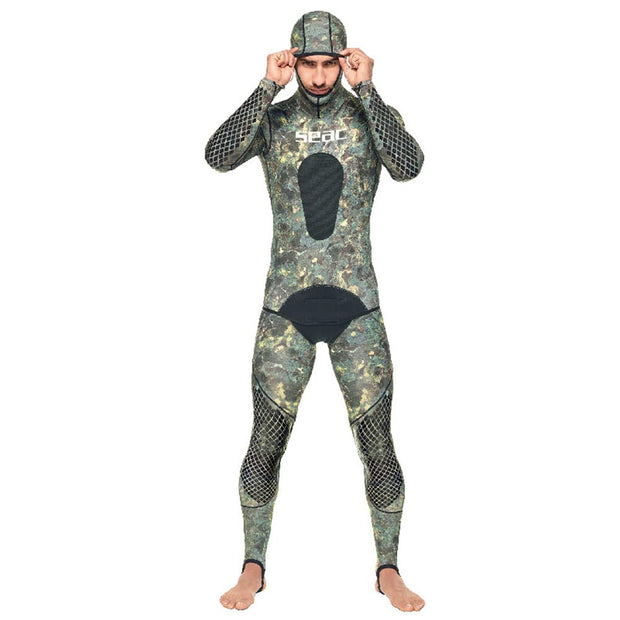 SEAC Pirana Lycra Two-Piece Camouflage Scuba Diving Spearfishing Wetsuit with Chest Guard and PU Protectors on Knees, Elbows and Lower Back