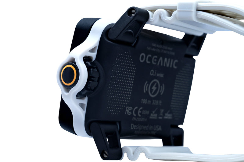 Oceanic O.i Wrist rear three-quarter view showing the case back, NavDial and wrist strap.