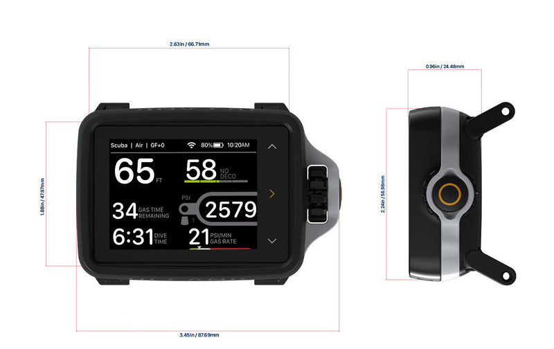 Oceanic O.i Wrist front and side dimension diagram with measurements in inches and millimeters.