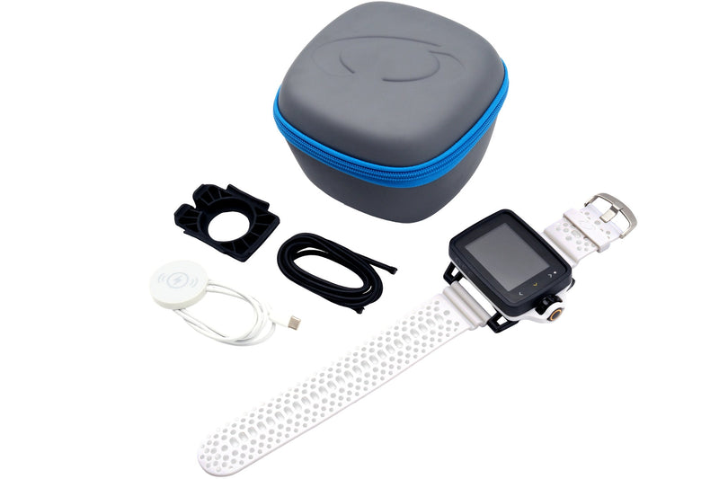 Oceanic O.i Wrist, wrist strap, bungee, charger kit and EVA storage case arranged on white.
