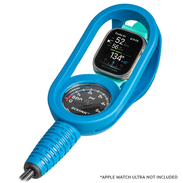 Oceanic+ Console with Pressure Gauge | Secure your Apple Watch Ultra next to a tank pressure gauge | PSI version | Submersible | Hose included