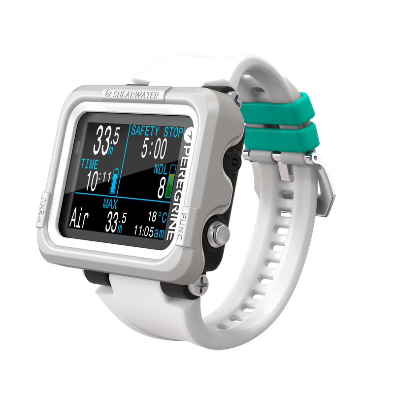 A digital dive computer with a white body and band, displaying various dive metrics on its screen.