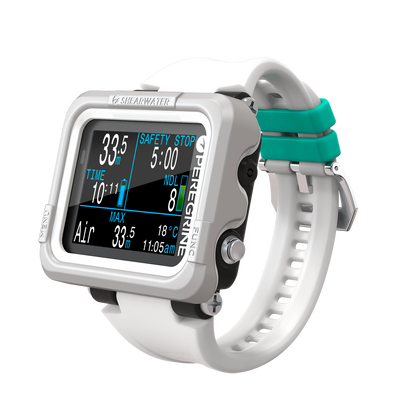 A digital dive computer with a white body and band, displaying various dive metrics on its screen.